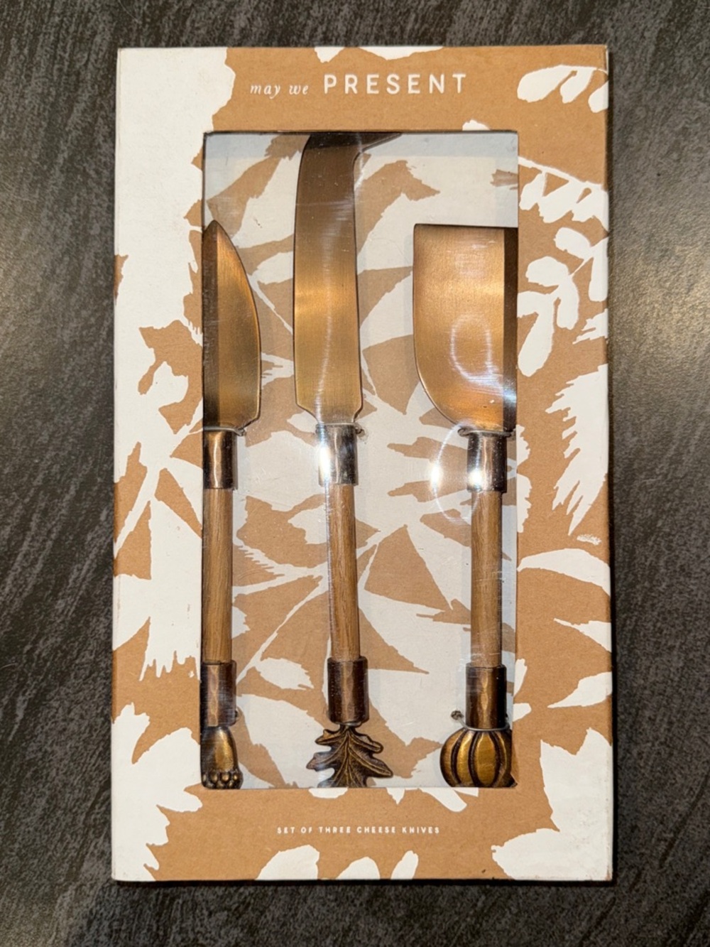 Anthropologie Set of Three Decorative Cheese Knives - Gold and Wood-Tone